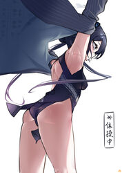  armpits ass back back_cutout black_dress black_hair blue_archive breasts butterfly_hair_ornament china_dress chinese_clothes clothing_cutout commentary covered_nipples double_bun dress female from_behind from_below grey_eyes hair_bun hair_ornament halo highres keyfanjun kisaki_(blue_archive) long_hair pinstripe_jacket pinstripe_pattern shoulder_blades simple_background small_breasts solo striped twintails very_long_hair white_background 