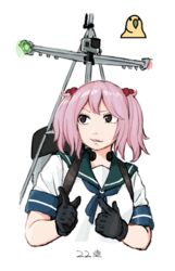  action_camera blue_sailor_collar breasts female finger_gun hair_bobbles hair_ornament kantai_collection mast meme party_parrot_(meme) pink_hair rigging sailor_collar sazanami_(kancolle) school_uniform serafuku solo throat_microphone tsukigime twintails upper_body video_camera 