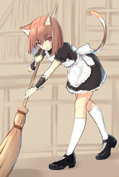  animal_ear_fluff animal_ears broom brown_hair cat_ears cat_girl cat_tail commentary_request female highres kneehighs maid original red_eyes short_hair socks solo sweeping tail white_socks wrist_cuffs x_ace_k_x 