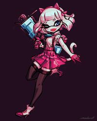  .52_gal_(splatoon) animal_ears artist_name black_thighhighs blue_eyes blue_necktie blunt_bangs boots cat_ears collared_shirt commentary_request dark_background eye_mask fake_animal_ears fangs female from_side full_body gloves hairband half_gloves hand_up head_tilt high-waist_skirt high_heel_boots high_heels holding holding_weapon inkling inkling_player_character looking_at_viewer makaroll moca_(makaroll) necktie one_eye_closed open_mouth original partial_commentary pink_footwear pink_gloves pink_hairband pink_skirt pleated_skirt purple_background running shirt shirt_tucked_in short_hair short_sleeves skirt smile solo splatoon_(series) standing standing_on_one_leg tail tentacle_hair thighhighs two-tone_footwear weapon white_footwear white_hair white_shirt zettai_ryouiki 