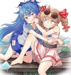  2girls absurdres ahoge anger_vein bangle bare_arms bare_shoulders barefoot belt blue_eyes blue_hair blue_hoodie blue_skirt bow bracelet clenched_teeth collarbone commentary_request constricted_pupils dress drill_hair drooling eyewear_on_head food furrowed_brow grimace hair_ribbon hairbow hand_on_another&#039;s_face hand_on_another&#039;s_head highres holding holding_food hood hood_down hoodie jewelry knee_up kneeling leaning_on_person light_brown_hair long_hair looking_at_another looking_at_viewer mosquito_coil multiple_girls necklace open_mouth pechimaru pendant pink_dress popsicle popsicle_stick pushing_away reaching red_eyes ribbon ring siblings sideways_glance sisters sitting skirt sleeveless sleeveless_dress sunglasses sweat teeth touhou twin_drills veranda very_long_hair white_background yorigami_jo&#039;on yorigami_shion 