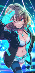  aqua_belt aqua_eyes arm_up asymmetrical_legwear bikini bikini_top_only bikini_under_clothes black_choker black_jacket breasts brown_hair choker cleavage closed_mouth collarbone commentary_request cowboy_shot dance_on_the_galaxy_(idolmaster) dog_tags female gloves glowing green_gloves groin hair_between_eyes highres idolmaster idolmaster_cinderella_girls idolmaster_cinderella_girls_starlight_stage jacket koya_(koya_x_00) long_sleeves looking_at_viewer medium_breasts mole mole_under_eye navel no_shirt one_eye_closed open_clothes open_jacket short_hair short_shorts shorts sidelocks signature single_leg_pantyhose smile solo standing swimsuit takagaki_kaede thigh_strap white_shorts 