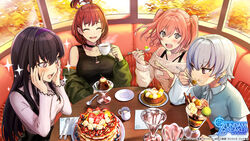  +_+ 4girls autumn autumn_leaves banana banana_slice black_hair black_straps black_tank_top blue_hair blueberry blush booth_seating bow breasts brown_hair cherry chocolate_syrup collared_shirt commentary copyright_name copyright_notice cream cup cushion dessert eating fingernails food food_on_face fork fruit glass green_jacket grey_eyes grey_shirt gundam gundam_breaker_mobile hairband haro high_ponytail highres holding holding_spoon ichinose_yuri jacket jacket_partially_removed jitome knife kotomori_ren kuzunoha_rindou large_breasts long_hair medium_breasts miyama_sana multiple_girls off_shoulder official_art open_mouth pancake parfait pink_hair pitcher_(container) plaid plaid_skirt plate pudding purple_eyes purple_hairband ribbed_shirt ribbed_sweater saucer shirt short_hair skirt sleeve_cuffs small_breasts spoon star_(symbol) steam strawberry suspender_skirt suspenders sweatdrop sweater table taiki_(luster) tank_top taut_clothes taut_shirt tied_hair topknot two_side_up wafer_stick whipped_cream white_sweater window 