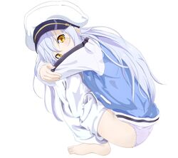  barefoot blackwhite_wind blue_jacket clothes_pull crossed_arms female from_side grey_hair grey_panties hair_between_eyes hat highres hugging_own_legs island_(game) jacket long_hair long_sleeves ohara_rinne panties pants pants_pull simple_background solo squatting underwear very_long_hair white_background white_hat white_pants white_sleeves yellow_eyes 