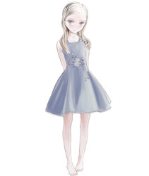  absurdres arms_behind_back barefoot blue_dress blue_eyes blush dress expressionless female full_body grey_hair highres long_hair looking_at_viewer mocha_(snowflake) original simple_background solo toes white_background 