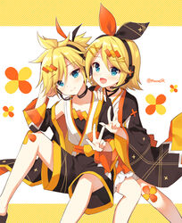  1boy :d black_shorts blonde_hair blue_eyes blush brother_and_sister closed_mouth commentary diagonal_stripes feet_out_of_frame female hair_between_eyes hair_ornament hairclip hand_up headphones headset japanese_clothes kagamine_len kagamine_rin long_sleeves looking_at_viewer magical_mirai_(vocaloid) magical_mirai_len magical_mirai_len_(2020_summer) magical_mirai_rin magical_mirai_rin_(2020_summer) mauve open_mouth photoshop_(medium) short_shorts shorts siblings sitting smile striped striped_background twins twitter_username vocaloid w white_background wide_sleeves x_hair_ornament 