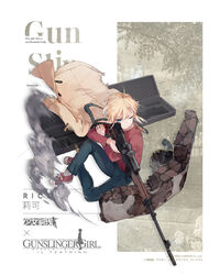  ahoge aiming blonde_hair blue_eyes chinese_commentary coat colored_shoe_soles commentary_request copyright_name crossover denim dragunov_svd english_text female girls&#039;_frontline gun gunslinger_girl highres holding holding_gun holding_weapon imoko_(imonatsuki) jeans official_art one_eye_closed pants promotional_art rico_(gunslinger_girl) rifle scope shoes sniper_rifle solo weapon weapon_case 