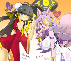  absurd_res accessory anthro armband asian_clothing bangs big_breasts biped black_hair black_nose blonde_hair blue_eyes blunt_bangs bracelet breasts canid canine chinese_clothing claws clothing cute_fangs duo ear_piercing east_asian_clothing eye_through_hair eyebrows female firo-chan firo-chan_(character) fox fur furgonomics hair heart_symbol heterochromia hi_res humanoid inner_ear_fluff jewelry kemono kino_kodake_(character) living_tail long_hair mammal multicolored_hair ofuda ofuda_on_forehead open_mouth open_smile paper_seal piercing pink_body pink_fur purple_hair red_eyes reptile scalie smile snake snake_tail tail tail_accessory tailband talisman thick_eyebrows translucent translucent_clothing translucent_hair tuft two_tone_hair unusual_anatomy unusual_tail vtuber yellow_eyes 