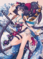  animal asuda bare_arms bare_legs bare_shoulders belt bikini black_flower blue_eyes blush bracelet breasts fate/grand_order fate_(series) female fine_art_parody floral_print flower goggles goggles_on_head hair_ornament highres jewelry kanagawa_okinami_ura katana katsushika_hokusai_(fate) katsushika_hokusai_(swimsuit_saber)_(fate) large_breasts licking_lips looking_at_viewer octopus parody purple_hair smile swimsuit sword tokitarou_(fate) tongue tongue_out weapon white_bikini 