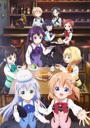  6+girls :d alcohol angora_rabbit aoyama_blue_mountain bar_(place) bar_stool bartender black_footwear black_skirt blue_neckwear blue_vest blunt_bangs blush bottle bow bowtie cafe chair closed_eyes coffee collared_shirt commentary cookie cup dessert dishes drawing_(object) food fork gochuumon_wa_usagi_desu_ka? green_neckwear green_vest hair_ornament hairbow hairclip holding holding_cookie holding_cup holding_food holding_tray hoto_cocoa jouga_maya jpeg_artifacts kafuu_chino key_visual kirima_syaro knife long_skirt long_sleeves mate_rin medium_hair multiple_girls napkin natsu_megumi official_art okuda_yousuke open_mouth orange_bow orange_bowtie outstretched_arm phonograph pink_vest plate promotional_art purple_bow purple_bowtie purple_vest rabbit rabbit_house_uniform railing red_bow red_bowtie red_vest saucer shirt short_hair sidelocks sitting skirt smile standing stool sugar_bowl table tea teacup tedeza_rize tippy_(gochiusa) tray twintails ujimatsu_chiya utensil vest waitress wavy_hair white_shirt wine_bottle winter_uniform x_hair_ornament yellow_vest yule_log_(cake) 