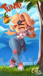  2023 9:16 activision anthro blonde_hair breasts closed_eyes clothing cloud coco_bandicoot coffekitten crash_(series) day eyewear eyewear_on_head female food footwear fruit gesture goggles goggles_on_head grass hair hand_gesture hi_res mammal marsupial motion_blur plant shoes signature solo sound_effects tongue tongue_out tree v_sign water wumpa_fruit 