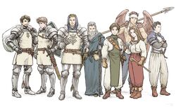  6+boys armor beard blonde_hair brown_gloves brown_hair canopus_wolph catiua_powell clenched_hand crossed_arms denim_powell facial_hair feathered_wings female gauntlets gloves greaves grey_hair guildus_winzalf_burn hood lans_hamilton mildain_walhorn multiple_boys sack shield staff standing sword tactics_ogre vice_bozeg warren_omon weapon windcaller wings 