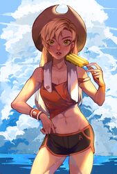  abs alternate_hairstyle applejack_(mlp) armband beach blonde_hair brown_hat cowboy_hat crop_top female food green_eyes gym_shorts hair_down hat highres initial lips long_hair muscular muscular_female my_little_pony my_little_pony:_friendship_is_magic ocean outdoors personification popsicle short_shorts shorts sky solo sportswear sweat sweatband sweatdrop towel water xieyanbbb 