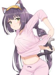  :/ animal_ear_fluff animal_ears black_hair blush cat_ears cat_girl cat_tail closed_mouth clothes_lift clothing_cutout eye_mask female green_eyes highres holding_own_tail inconvenient_tail karyl_(princess_connect!) leaning_forward lifting_own_clothes long_hair low_twintails multicolored_hair navel niizuka_(c-drop) pajamas pants pink_pajamas pink_pants pink_shirt pout princess_connect! shirt shirt_lift simple_background sleep_mask solo streaked_hair tail tail_through_clothes twintails white_background white_hair 