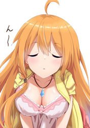  ahoge blush breasts cleavage closed_eyes collarbone dress female hair_between_eyes incoming_kiss jacket jewelry large_breasts long_hair necklace orange_hair parted_lips pecorine_(princess_connect!) pecorine_(real)_(princess_connect!) pink_dress princess_connect! short_sleeves simple_background solo syurimp upper_body white_background yellow_jacket 