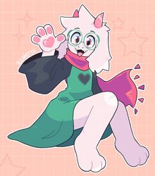  2022 4_fingers abstract_background anthro bovid caprine clothed clothing coat deltarune eyewear femboy fingers glasses goat heart_pawpads heart_symbol hi_res horn lottory male male_anthro mammal pawpads pink_horn ralsei round_glasses scarf sitting solo topwear undertale_(series) 