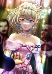  bare_shoulders blonde_hair blue_eyes blurry blurry_background blurry_foreground bow dress dress_bow earrings elbow_gloves female glint gloves green_eyes harutaro_nico heterochromia highres idolmaster idolmaster_cinderella_girls indoors jewelry long_hair looking_at_viewer necklace off-shoulder_dress off_shoulder pink_bow pink_dress roman_holiday standing takagaki_kaede tiara 