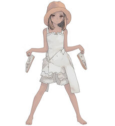  bare_shoulders barefoot brown_eyes dress female flat_chest frown full_body hat highres holding holding_shoes light_brown_hair mocha_(snowflake) original shoes simple_background solo standing toes unworn_shoes white_background white_dress 