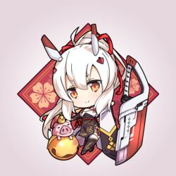  ayanami_(azur_lane) ayanami_(lunar_demon)_(azur_lane) azur_lane bell bird chibi chick chinese_clothes clip_studio_paint_(medium) commentary_request detached_sleeves female full_body greatsword hair_between_eyes hair_ornament hairclip headgear hellnyaa long_hair looking_at_viewer manjuu_(azur_lane) orange_eyes outstretched_arms pig side_slit sidelocks simple_background smile spread_arms standing sword weapon white_hair wide_sleeves 