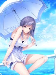  blue_shorts blue_sky bra breasts cap_akikage cleavage cloud commentary_request day dress female highres holding holding_umbrella iron_saga long_hair looking_at_viewer medium_breasts outdoors parted_lips purple_bra purple_eyes railing short_shorts shorts sidelocks signature sitting sky solo teresa_(iron_saga) thighs umbrella underwear white_dress 