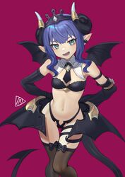  absurdres aqua_eyes asymmetrical_sleeves bandeau black_panties blue_hair blush breasts commentary crown curled_horns demon_girl demon_horns demon_tail demon_wings earrings elbow_gloves female gloves highres horns jewelry looking_at_viewer medium_hair navel open_mouth original panties pink_background pink_pupils pointy_ears redauto simple_background single_earring small_breasts smile solo symbol-only_commentary tail thigh_bow thigh_gap thighhighs thighs underwear wings 