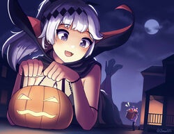  1boy absurdres black_cape black_dress cape commission dress fangs female giant giantess girls&#039;_frontline grey_hair halloween_costume high_heels high_ponytail highres house jack-o&#039;-lantern long_hair lying moon night night_sky official_alternate_costume on_stomach open_mouth outdoors psg-1_(girls&#039;_frontline) psg-1_(phantom_assault)_(girls&#039;_frontline) purple_eyes sky smile the_pose twitter_username zenougts 