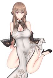  absurdres azur_lane bare_shoulders black_footwear braid breasts brown_hair character_cutout china_dress chinese_clothes cleavage_cutout clothing_cutout commentary_request covered_navel dress female floral_print full_body highres large_breasts long_hair looking_at_viewer mole mole_under_mouth off_shoulder official_alternate_costume pelvic_curtain red_eyes simple_background solo swiftsure_(azur_lane) swiftsure_(beauty_of_white_jade)_(azur_lane) topgear 