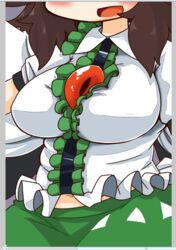  belly blush breasts brown_hair cape center_frills collared_shirt cowboy_shot fake_scrollbar female frilled_shirt frilled_shirt_collar frills green_skirt head_out_of_frame large_breasts long_hair midriff_peek muuei navel open_mouth puffy_short_sleeves puffy_sleeves reiuji_utsuho shirt short_sleeves skirt solo third_eye_on_chest touhou white_cape white_shirt 