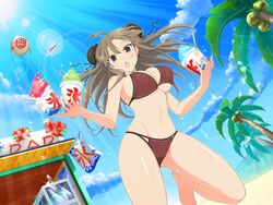  ahoge ass_visible_through_thighs barefoot beach bikini black_ribbon blue_sky blush bomb breasts brown_eyes brown_hair bun_cover cleavage cloud coconut coconut_tree cup day double_bun drinking_straw earrings explosive female flower food groin hair_bun highres holding holding_cup holding_food jewelry large_breasts lens_flare linea_alba long_hair looking_at_viewer mountain mountainous_horizon musaceae navel official_art open_mouth outdoors palm_leaf palm_tree red_flower renka_(senran_kagura) resized ribbon sand senran_kagura senran_kagura_estival_versus senran_kagura_new_link shaved_ice sky solo spilling sweat swimsuit translation_request tree underboob upscaled water_drop white_flower yaegashi_nan 