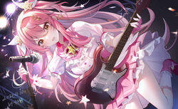  balala_the_fairies brown_eyes dated dress eighth_note female guitar hair_ornament highres holding holding_instrument holding_microphone_stand instrument ling_meixue long_hair magical_girl miaogujun microphone microphone_stand musical_note musical_note_hair_ornament pink_dress pink_footwear pink_hair short_sleeves socks solo very_long_hair white_socks 