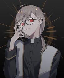  1boy black_background black_jacket black_nails brown_hair derivative_work earrings glasses hair_behind_ear halo halo_behind_head highres jacket jewelry kanae_(nijisanji) male_focus mira_(cevio) nijisanji portrait red_eyes round_eyewear screenshot_redraw smile so_nagi_(artist) solo virtual_youtuber 