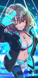  asymmetrical_legwear bra breasts choker dance_on_the_galaxy_(idolmaster) dog_tags female gloves glowing green_hair highres idolmaster idolmaster_cinderella_girls idolmaster_cinderella_girls_starlight_stage jacket koya_(koya_x_00) navel no_shirt one_eye_closed open_clothes shorts takagaki_kaede underwear 