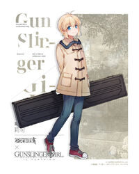  ahoge blonde_hair blue_eyes chinese_commentary coat colored_shoe_soles commentary_request copyright_name crossover denim english_text female girls&#039;_frontline gunslinger_girl highres imoko_(imonatsuki) jeans official_art pants promotional_art rico_(gunslinger_girl) shoes smile sneakers solo weapon_case 