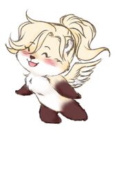  2:3 alternate_species bear blizzard_entertainment blush closed_eyes eyelashes feathered_wings feathers female fur furrification low_res mammal mercy_(overwatch) murasaki_yuri overwatch simple_background solo white_background wings yellow_body yellow_fur 