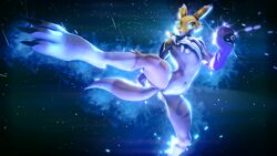  3d_(artwork) ambiguous_gender animated anthro astrological_symbol aura bandai_namco black_background bloom blue_eyes cancer_(symbol) canid canine chest_tuft clothing digimon digimon_(species) digital_media_(artwork) dragon-v0942 fighting_pose fur gloves glowing glowing_eyes handwear loop mammal pose purple_clothing purple_gloves purple_handwear renamon short_playtime simple_background snowflake solo source_filmmaker_(artwork) symbol tuft western_zodiac_symbol white_body white_fur yellow_body yin_yang 