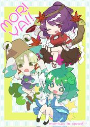  3girls ahoge animal_print autumn_leaves black_skirt blonde_hair blue_eyes blush_stickers chibi commentary_request cup detached_sleeves english_text frog_hair_ornament frog_print gohei green_hair hair_ornament hair_ribbon hat highres kochiya_sanae layered_shirt leaf_hair_ornament lily_pad long_hair long_sleeves looking_at_viewer mary_janes moriya_suwako multiple_girls oerba_yun_fang one_eye_closed open_mouth pantyhose purple_eyes purple_hair purple_skirt purple_vest pyonta red_ribbon red_shirt ribbon rope sakazuki sandals shimenawa shirt shoes skin_fang skirt sleeves_past_wrists smile snake snake_hair_ornament socks star-shaped_pupils star_(symbol) symbol-shaped_pupils touhou turtleneck v-shaped_eyebrows vest white_background whoru wide_sleeves yasaka_kanako yellow_eyes 