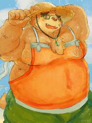  2019 anthro apron bear belly blush bottomwear brown_bear brown_body brown_fur buta5kawa clothing cute_fangs eyewear fur glasses grizzly_bear hamuga86 hat headgear headwear hi_res humanoid_hands lifewonders male mammal moobs nipples overweight overweight_anthro overweight_male shorts solo straw_hat tokyo_afterschool_summoners ursine volos_(tas) 