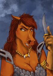  2019 angry anthro armor breasts bust_portrait cleavage clothed clothing dead-sugar equid equine female gloves green_eyes hair handwear hi_res holding_knife holding_object horse jewelry knife looking_back mammal necklace pony portrait red_hair red_shetland shetland_pony simple_background solo 