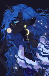  animal_ears black_background black_skin blue_eyes blue_hair colored_eyelashes colored_skin constellation dress earrings eyeshadow facial_mark female fingernails freckles from_side fusion highres horns horse_ears horse_girl jewelry long_fingernails long_hair luna_(my_little_pony) makeup moon moon_(ornament) my_little_pony my_little_pony:_friendship_is_magic nail_polish nightmare_moon open_mouth ornament_focus personification princess profile puffy_short_sleeves puffy_sleeves short_sleeves single_horn solo sparkle star_(symbol) star_facial_mark unicorn unicorn_girl upper_body very_long_hair white_dress white_nails xieyanbbb 