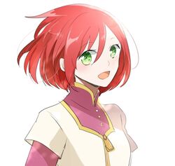  :d akagami_no_shirayukihime commentary female green_eyes hair_between_eyes layered_sleeves long_sleeves looking_at_viewer lowres open_mouth red_hair shirayuki_(akagami_no_shirayukihime) short_hair short_over_long_sleeves short_sleeves shumiko_(kamenokoueki) simple_background smile solo upper_body white_background 