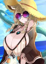  animal_ear_fluff animal_ears arknights ball beach beachball bikini blonde_hair braid breasts cat_ears cleavage female hat highres huge_breasts jewelry kirishina_(raindrop-050928) necklace official_alternate_costume open_clothes open_mouth outdoors parted_lips purple-tinted_eyewear purple_eyes snake_tail solo striped_bikini striped_clothes sun_hat sunglasses swimsuit swimsuit_cover-up tail tinted_eyewear twin_braids twintails upper_body utage_(arknights) utage_(summer_flowers)_(arknights) vertical-striped_bikini vertical-striped_clothes 