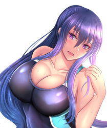  :d akiyama_rinko blue_hair blue_one-piece_swimsuit breasts cleavage collarbone competition_swimsuit covered_nipples female highres kanna_(minamozuki) large_breasts long_hair looking_at_viewer one-piece_swimsuit ponytail purple_eyes smile sweat swimsuit taimanin_(series) taimanin_yukikaze two-tone_swimsuit upper_body white_background 