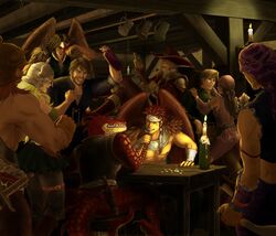  6+boys arm_wrestling armor bandana beard belt berserker_(tactics_ogre) blonde_hair bottle brown_gloves candle canopus_wolph chest_hair clenched_hand coin commentary_request cup dancing denim_powell earrings facial_hair fake_horns female furry furry_male gloves grin hat hawk_man_(tactics_ogre) headband helmet highres horned_helmet horns indoors jewelry knife leg_belt lizardman mug multiple_boys muscular pectorals red_headwear rogue_(tactics_ogre) smile spiked_hair table tactics_ogre tavern topless_male white_headband windcaller wine_bottle 