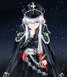  armor armored_skirt artist_name azur_lane black_coat blue_eyes breastplate coat coat_on_shoulders cross female hair_over_one_eye hat highres iron_cross long_hair military_hat multicolored_hair odin_(azur_lane) open_clothes open_coat peaked_cap photoshop_(medium) qing_wu red_hair sheath sheathed solo two-tone_hair white_hair 