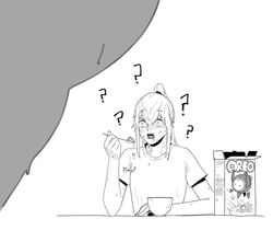  2girls ? ?? blush bowl breakfast cereal cereal_box eating girls&#039;_frontline goliath_(girls&#039;_frontline) greyscale huqu korean_commentary monochrome multiple_girls open_mouth ro635_(girls&#039;_frontline) st_ar-15_(girls&#039;_frontline) voyeurism wide-eyed 