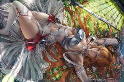  armor brown_eyes brown_hair flowers grass long_hair navel sakimichan stockings sword sword_art_online weapon yuuki_asuna 