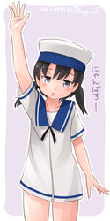  black_hair blue_collar blue_sailor_collar collar commentary dress female grey_background hand_up hat kantai_collection nyanpassu~ one-hour_drawing_challenge purple_eyes ray.s sailor_collar sailor_dress sailor_hat short_hair short_sleeves shounan_(kancolle) solo translated twintails white_dress white_hat 