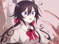  black_hair blush demon_girl demon_horns female funamusea hair_ribbon horns long_hair looking_down low_twintails neck_ribbon open_mouth purple_eyes red_ribbon ribbon satanick_(funamusea) shirt solo sweatdrop tentacle twintails wavy_hair white_shirt zenryoku_eimin 