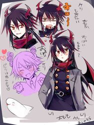  3boys black_hair demon_boy demon_girl demon_horns demon_wings female funamusea genderswap_(mtf) grey_background haiiro_teien horns ivlis_(funamusea) long_hair low_ponytail multiple_boys orange_eyes pointy_ears red_hair red_scarf rule_63 satanick_(funamusea) scarf syake_(funamusea) translation_request wings zenryoku_eimin 