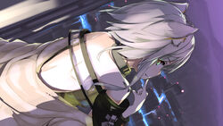  animal_ears arknights bare_back cat_ears commentary_request detached_sleeves female finger_to_mouth from_behind green_eyes hair_between_eyes hellnyaa index_finger_raised kal&#039;tsit_(arknights) looking_at_viewer looking_back material_growth oripathy_lesion_(arknights) short_hair sidelocks smile solo star_of_life white_hair 